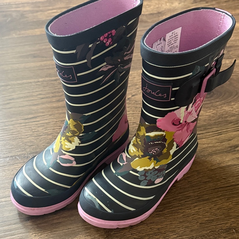 Joules Kids' Striped Floral Rain Boots - Navy and Pink